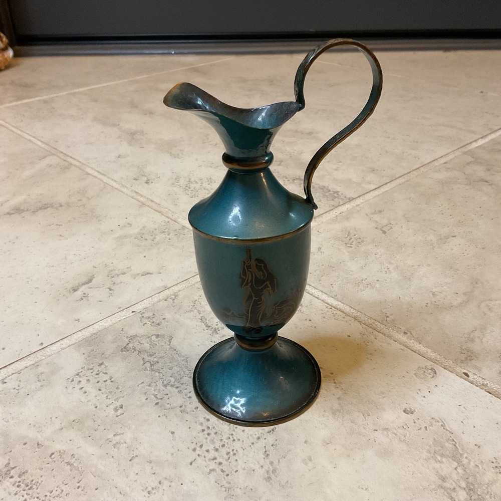 Vintage Israel Brass Ewer Teal Blue Enamel Etched Woman Pitcher Judaica Decor